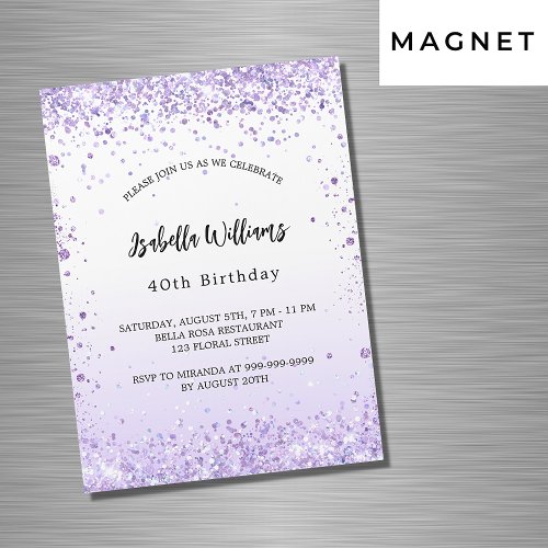 Birthday violet lavender sparkles script luxury magnetic invitation