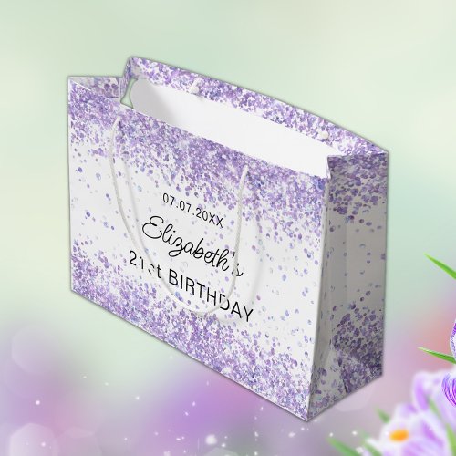 Birthday violet lavender white sparkles name large gift bag