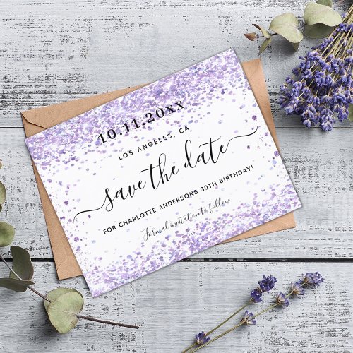 Birthday violet purple glitter save the date announcement postcard