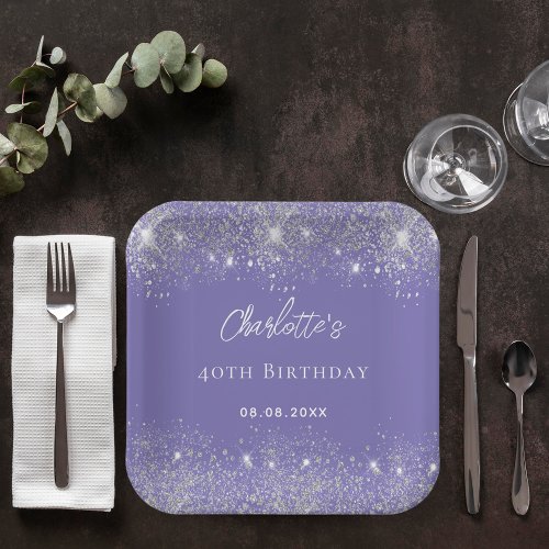 Birthday violet silver glitter sparkles paper plates