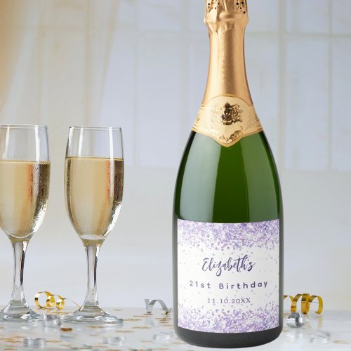 Birthday violet white confetti elegant party sparkling wine label