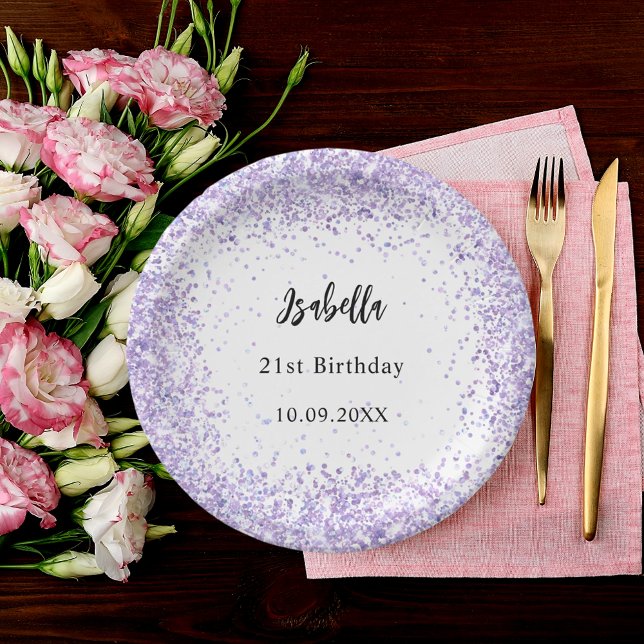 Birthday violet white confetti paper plates (Creator Uploaded)