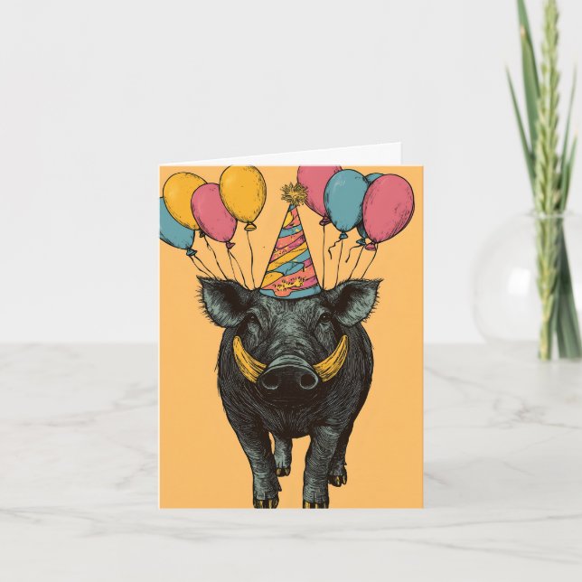 Birthday Warthog with Balloons Birthday Card (Front)