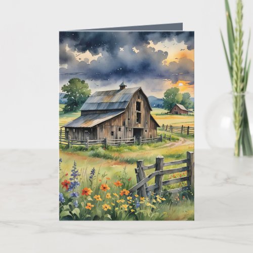 Birthday Watercolor Barn With Wildflowers Card
