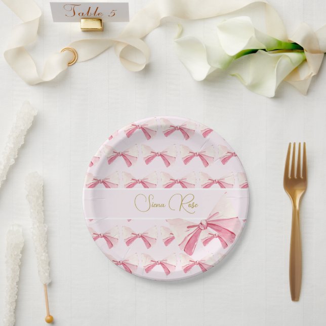 Birthday  Watercolor Bow Cute Pink  Paper Plates (Wedding)
