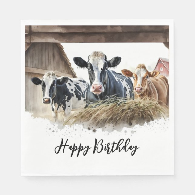 Birthday Watercolor Cows With Hay Napkins (Front)