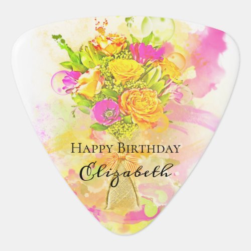 Birthday Watercolor Flower Bouquet Guitar Pick
