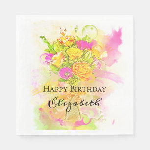 Birthday Watercolor Flower Bouquet Napkins