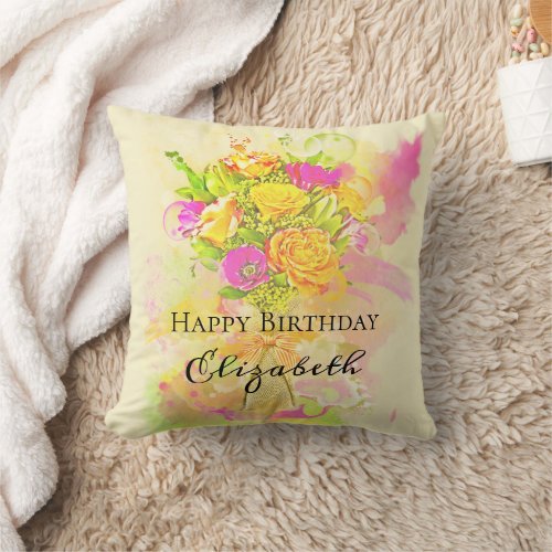 Birthday Watercolor Flower Bouquet Throw Pillow