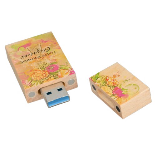 Birthday Watercolor Flower Bouquet Wood Flash Drive