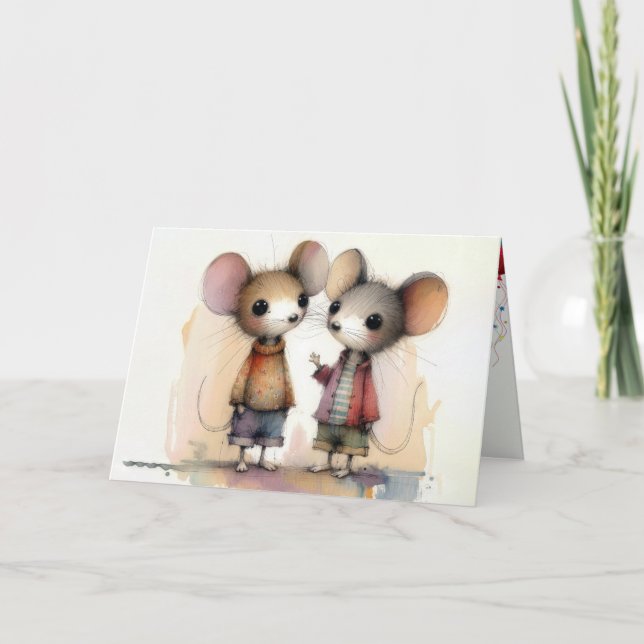 Birthday Watercolor Mice Wearing Clothes Card (Front)