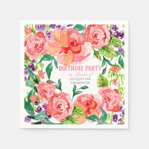 Birthday Watercolor Modern Flowers Bright Rose Art Napkins