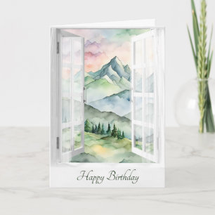 Birthday Watercolor Mountain View In Window Card