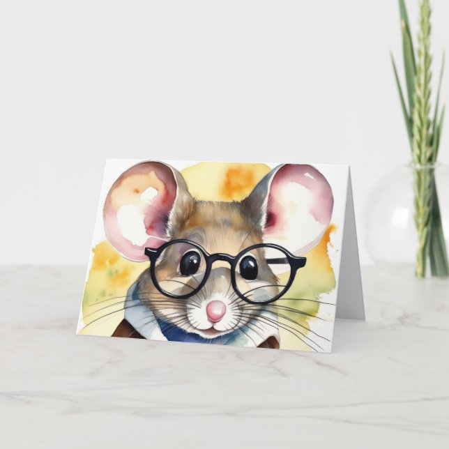 Birthday Watercolor Mouse With Glasses Card (Front)