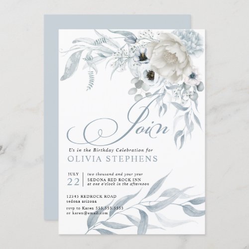 Birthday Watercolor Pale Dusty Blue Floral Invitation