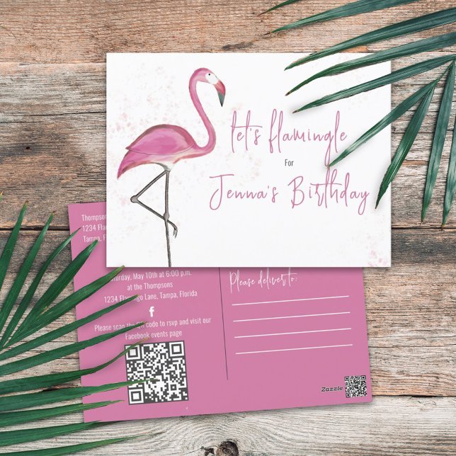 Birthday Watercolor Pink Flamingo Typography Postcard (Creator Uploaded)