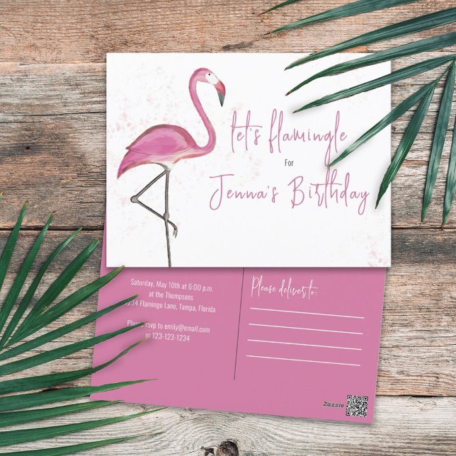 Birthday Watercolor Pink Let's Flamingle  Postcard (Creator Uploaded)