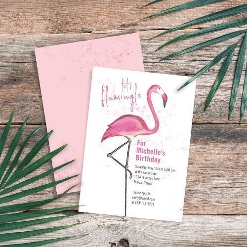 Birthday Watercolor Pink Tropical Beach Flamingo Invitation