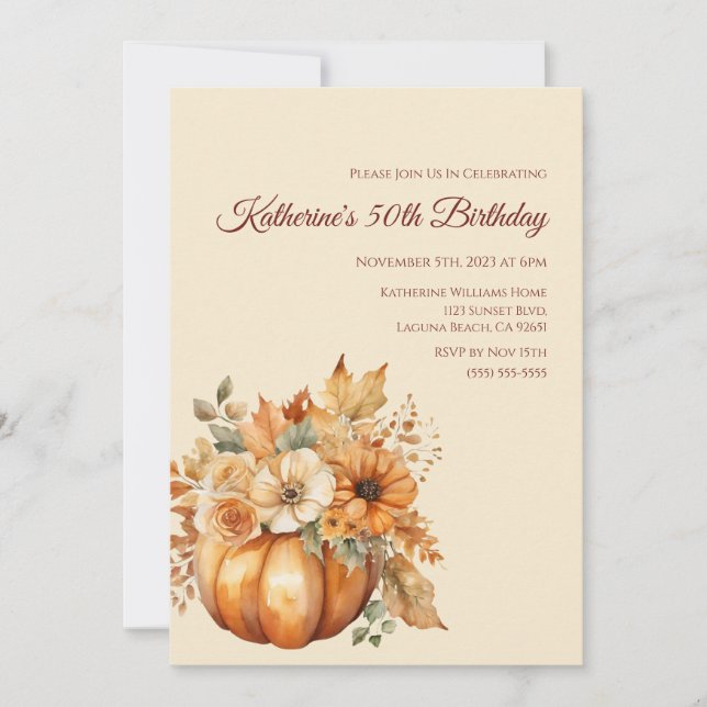 Birthday-Watercolor Pumpkin and Flowers- Invitation (Front)