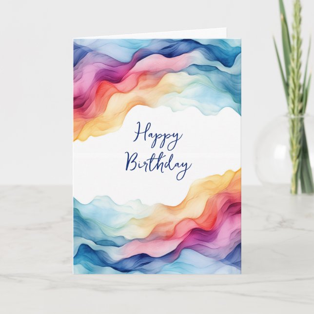Birthday Watercolor Rainbow Waves Card (Front)