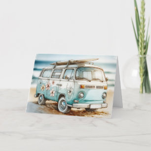 Birthday Watercolor Retro Campervan With Surfboard Card