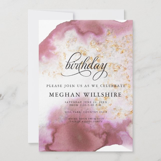 Birthday Watercolor Rose Quartz Gold Geode Invitation (Front)