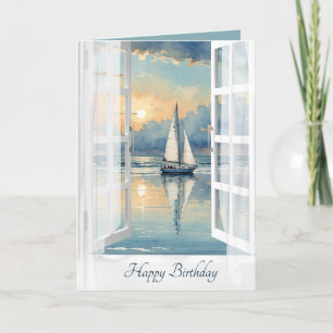 Birthday Watercolor Sailboat In an Open Window Card