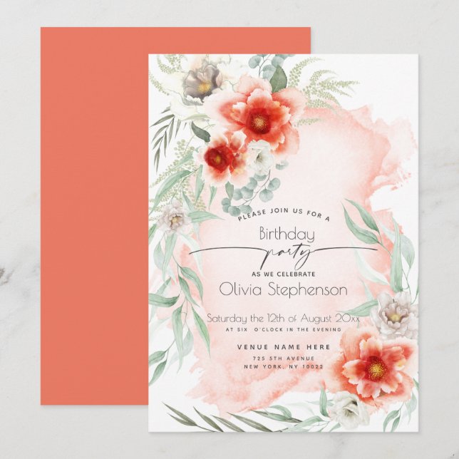 Birthday   | Watercolor Scarlet Flame Floral Invitation (Front/Back)