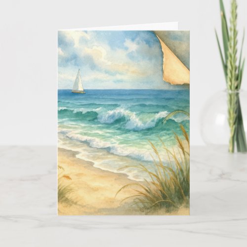 Birthday Watercolor Seashore and Sailboat Card