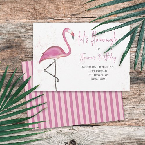 Birthday Watercolor Simple Pink Flamingo  Invitation