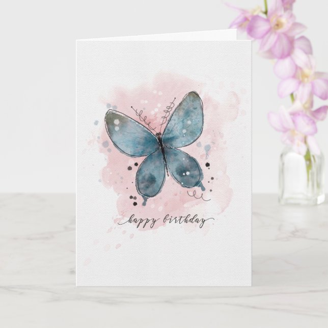 Birthday Watercolor Sketchy Doodle Butterfly Card (Orchid)
