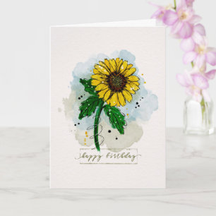 Birthday Watercolor Sketchy Doodle Sunflower Card