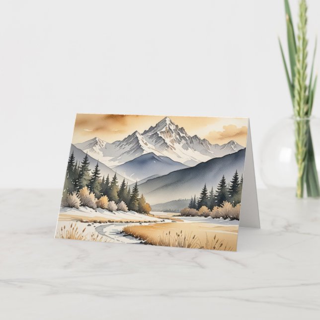 Birthday Watercolor Winter Mountain Valley Card (Front)