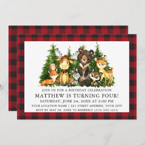 Birthday Watercolor Woodland Animals Plaid Invitation