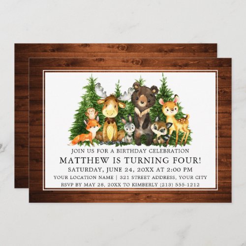 Birthday Watercolor Woodland Animals Wood Invitation