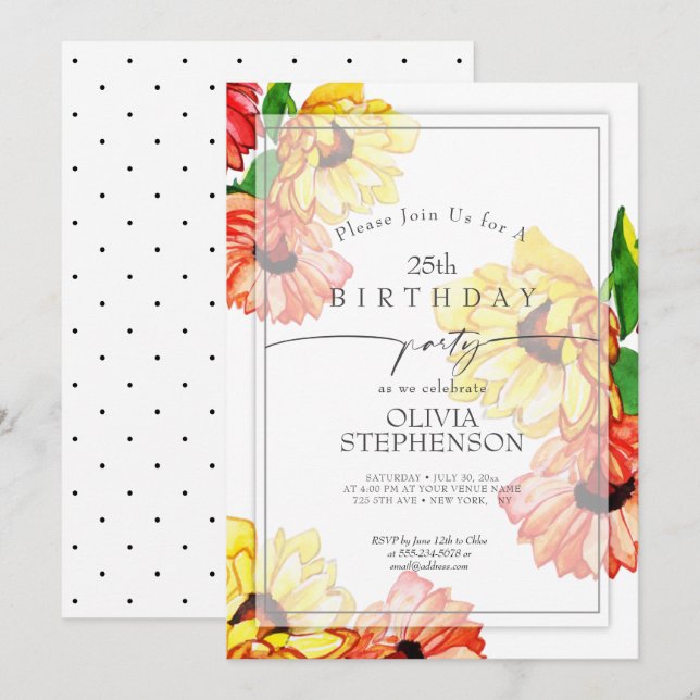 Birthday | Watercolor Yellow and Red Gerbera Daisy Invitation (Front/Back)