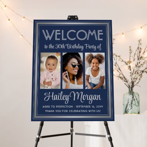Birthday Welcome 3 Photo Collage Elegant Navy Blue Foam Board