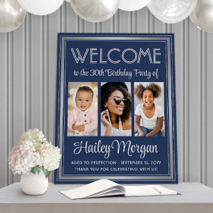 Birthday Welcome 3 Photo Collage Elegant Navy Blue Foam Board