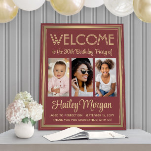 Birthday Welcome 3 Photo Elegant Burgundy & Gold Foam Board