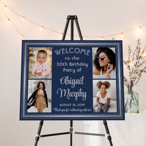 Birthday Welcome 4 Photo Collage Elegant Navy Blue Foam Board