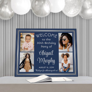 Birthday Welcome 4 Photo Collage Elegant Navy Blue Foam Board