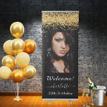 Birthday welcome black gold glitter photo retractable banner<br><div class="desc">Elegant, glamorous and feminine for a 30th (or any age) birthday party. Black background, decorated with faux gold glitter dust. Personalize and add a name, age 30. Template for your own vertical sized photo. With the text: Welcome! Girly and elegant! To keep the swashes after the name, only delete the...</div>