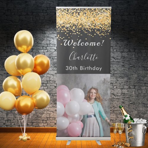 Birthday welcome black gold glitter photo retractable banner