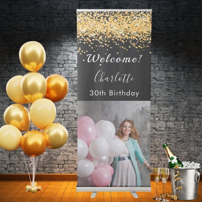 Birthday welcome black gold glitter photo retractable banner (Creator Uploaded)