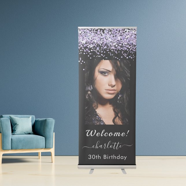 Birthday welcome black lavender confetti photo retractable banner (Creator Uploaded)