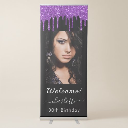 Birthday welcome black purple glitter photo  retractable banner