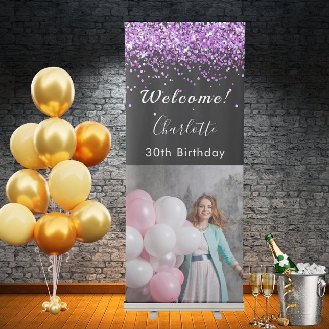 Birthday welcome black purple photo retractable banner (Creator Uploaded)