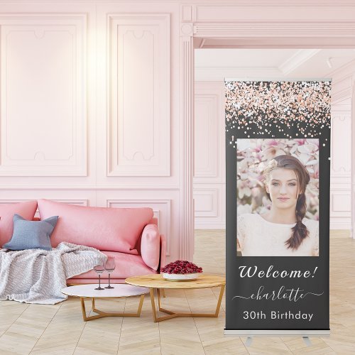 Birthday welcome black rose gold glitter photo retractable banner