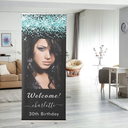 Birthday welcome black teal glitter photo retractable banner