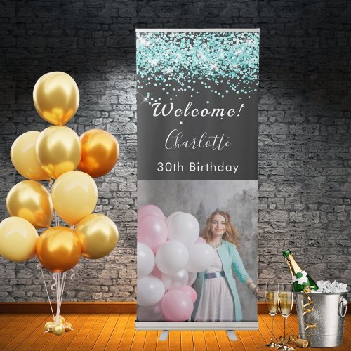 Birthday welcome black teal photo retractable banner